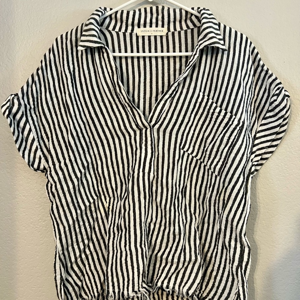 Urban Outfitters Navy Blue and White Boxy Button Down Shirt